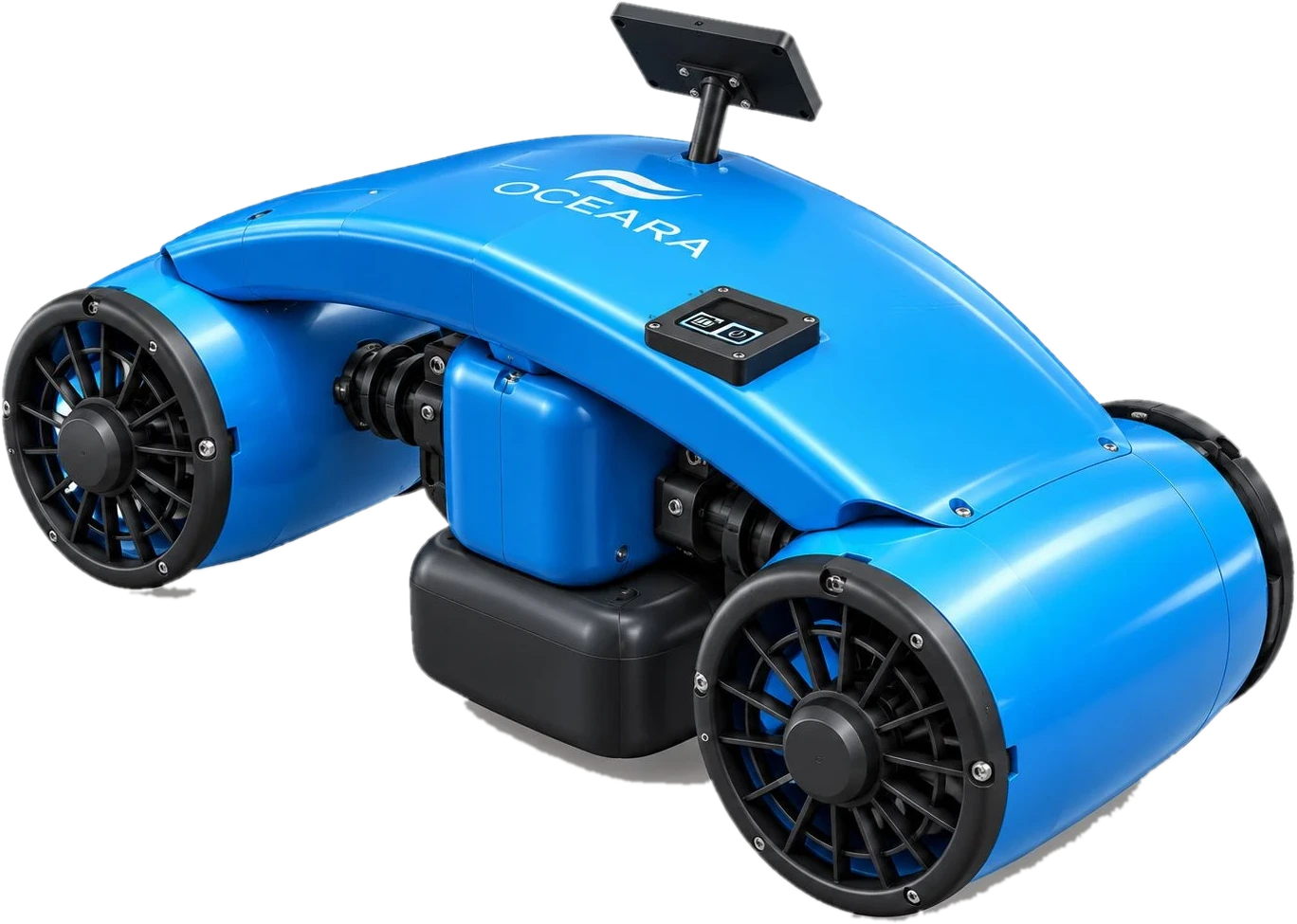 The OCEARA Duo underwater scooter with blue hull, two caged thrusters, swap battery and phone holder